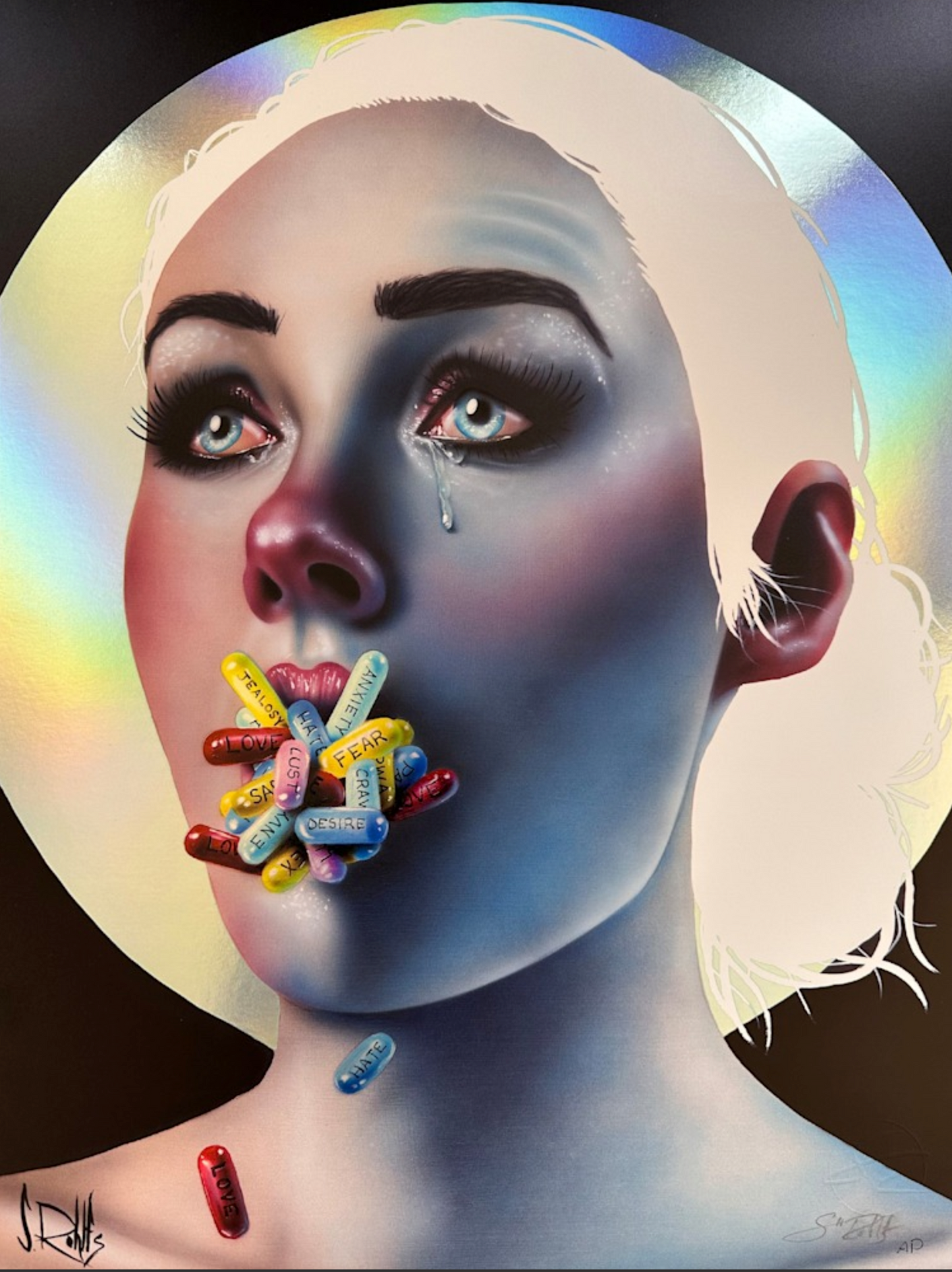 figurative portrait art of a woman with pills in her mouth by Scott Rohlfs