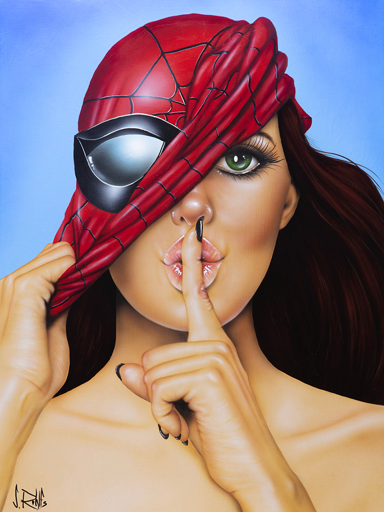 pop art portrait art of a woman wearing a spiderman mask by Scott Rohlfs