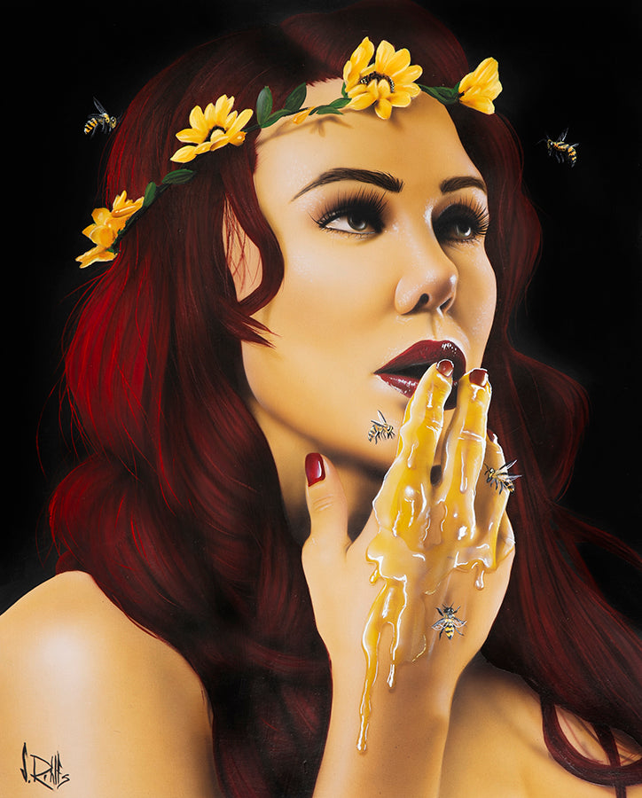 figurative portrait art of a woman with bees and honey by Scott Rohlfs