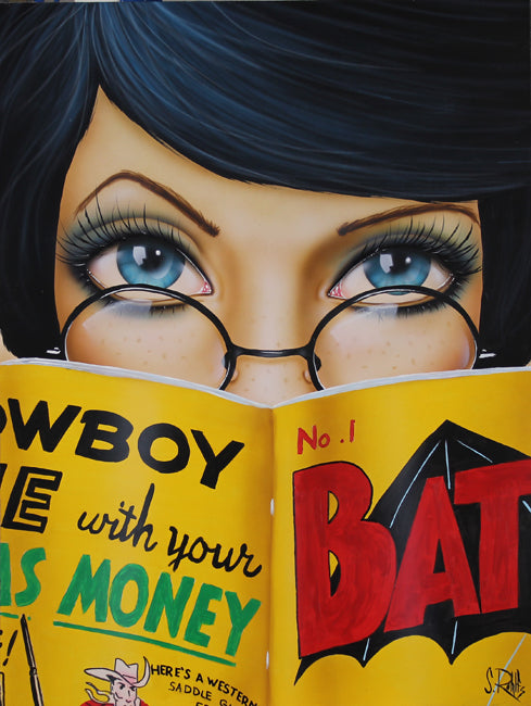 pop art portrait art of a woman reading a batman comic by Scott Rohlfs