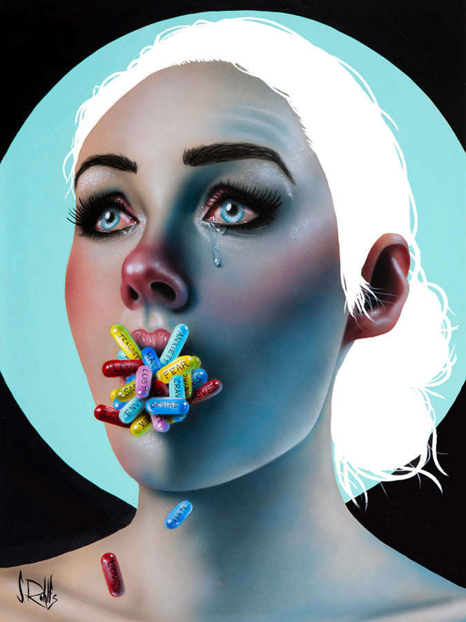 figurative portrait art of a woman with pills in her mouth by Scott Rohlfs