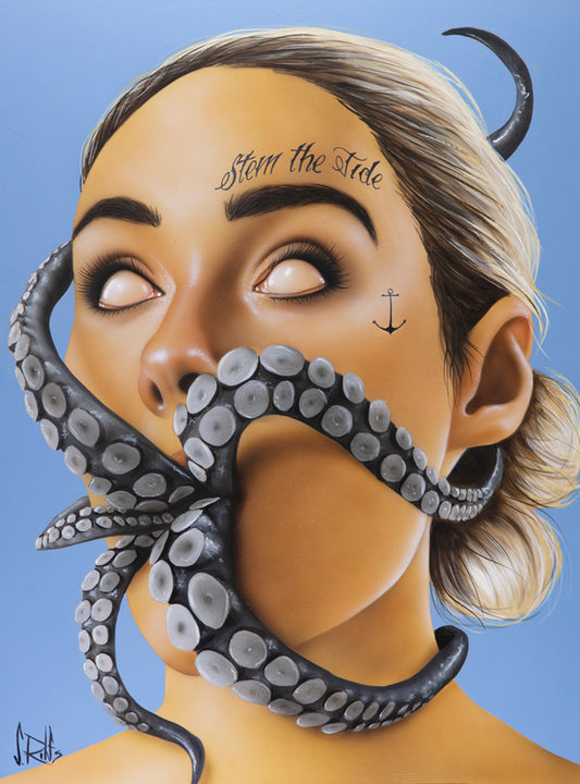 figurative portrait art of a woman with tentacles in her mouth by Scott Rohlfs
